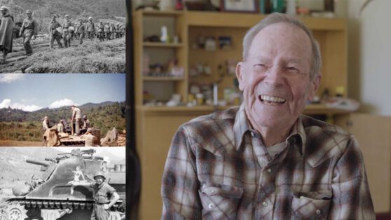 Utah 213th Field Artillery Battalion photographs beside a veteran interview